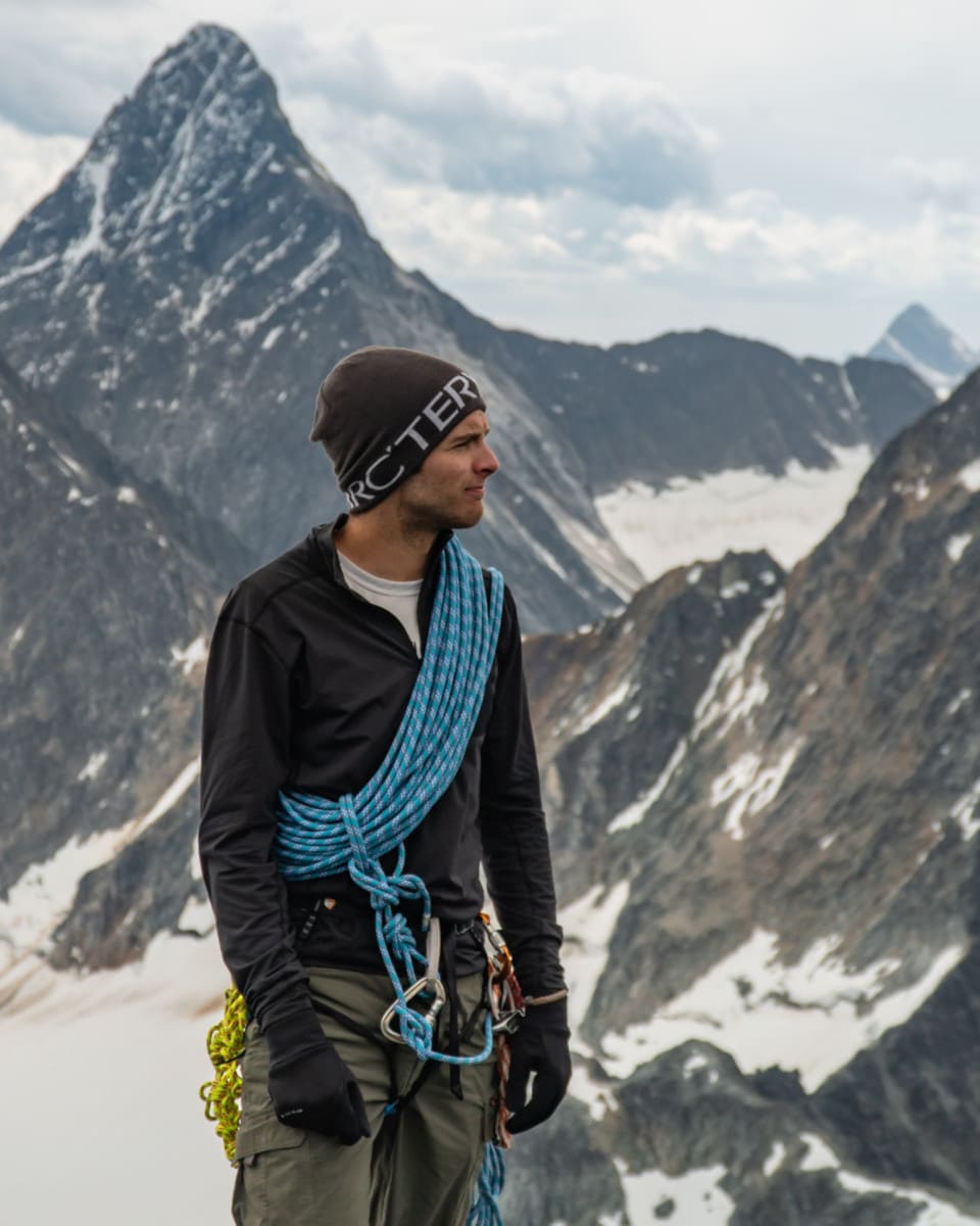 portrait of Olivier Denis-Larocque with mountaineer coil around neck