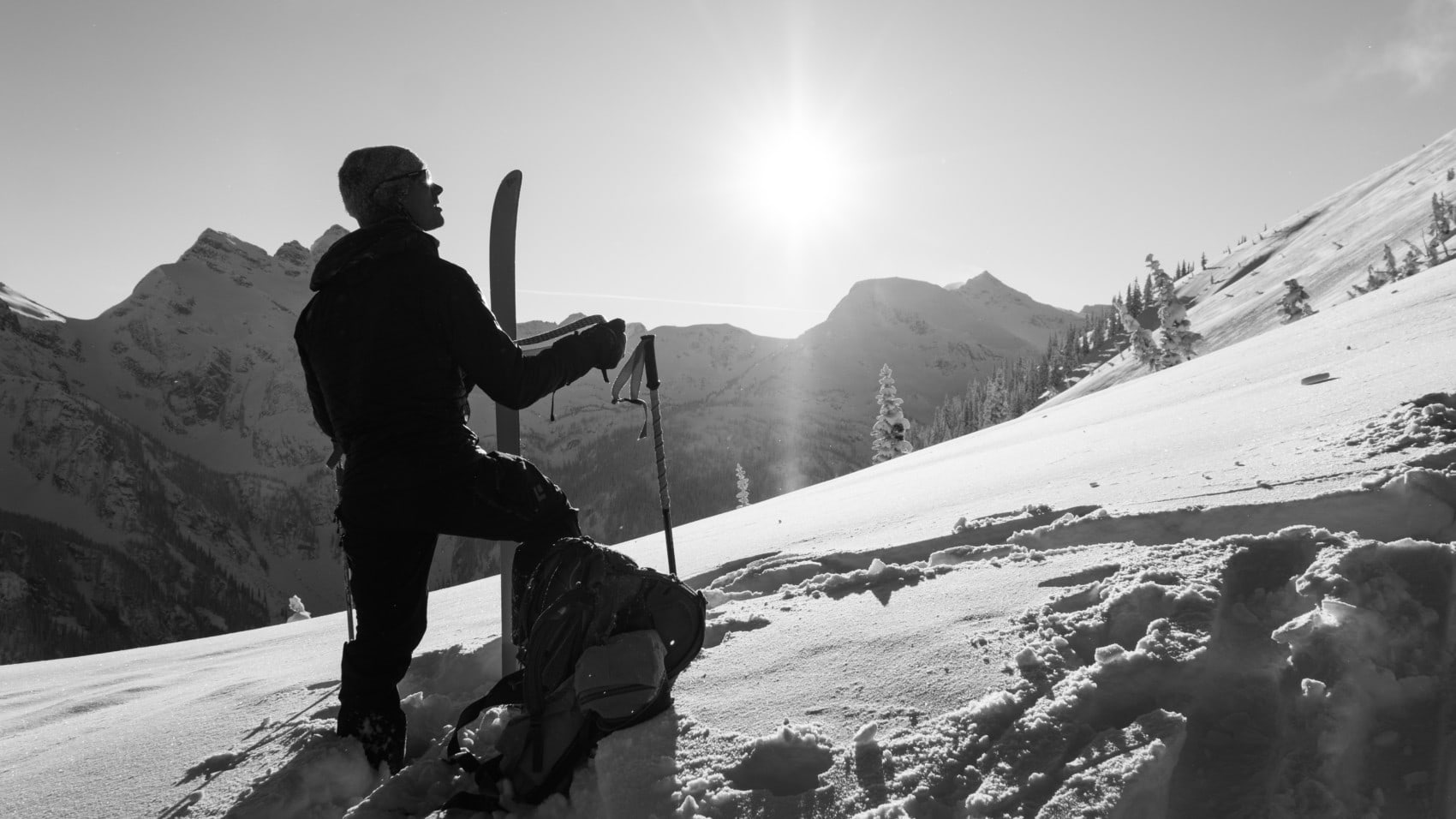 man ski touring in revelstoke