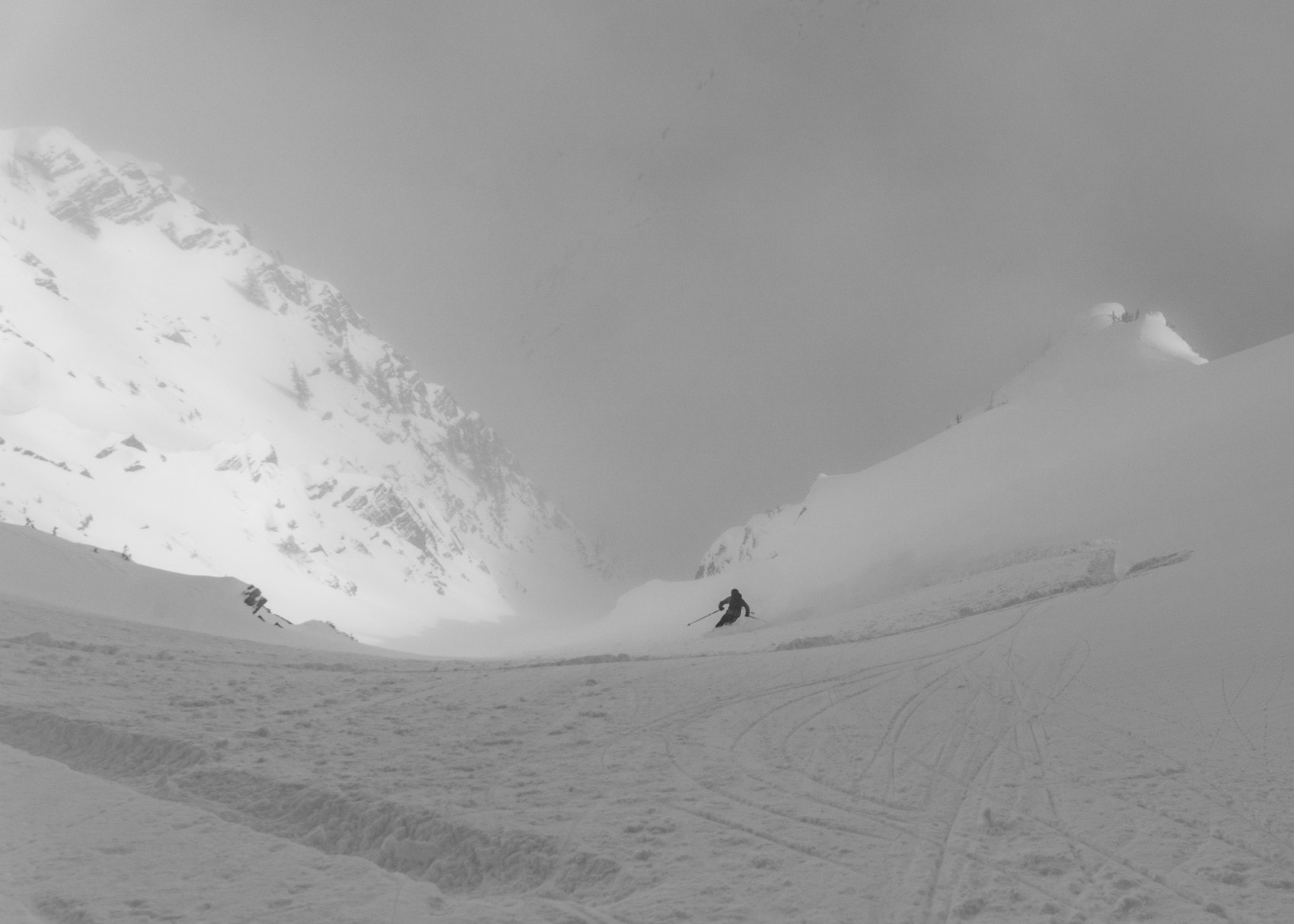 skier going down the afton southeast couloir