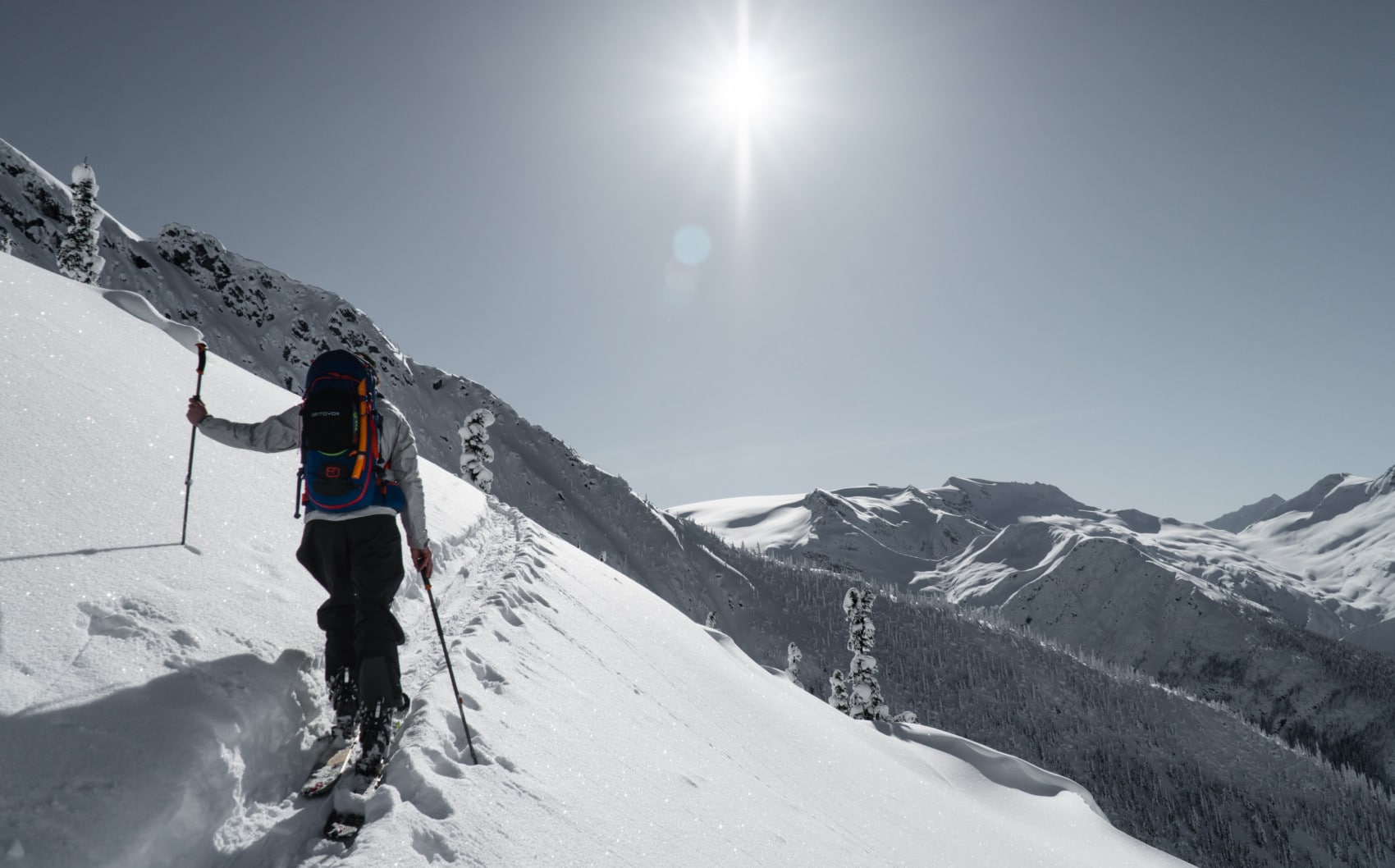 skier touring up the mountain side in avalanche mountain bowl