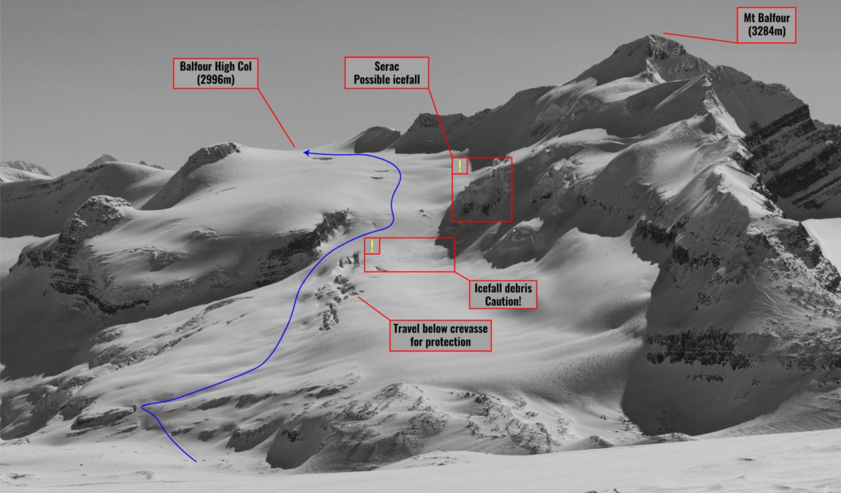 view of the balfour glacier and the high col crux of the wapta traverse overlay