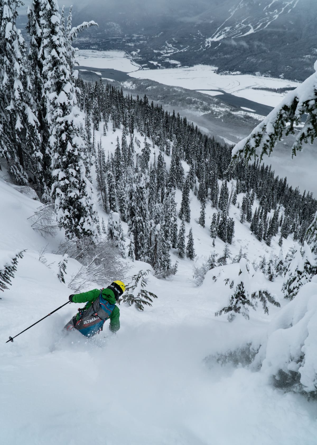 skier skiing chute 2 on the begbie shoulder area