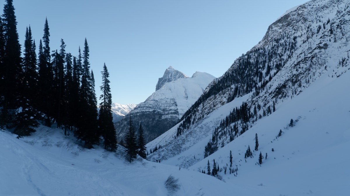 two mountaineers touring up the connaught valley in the morning