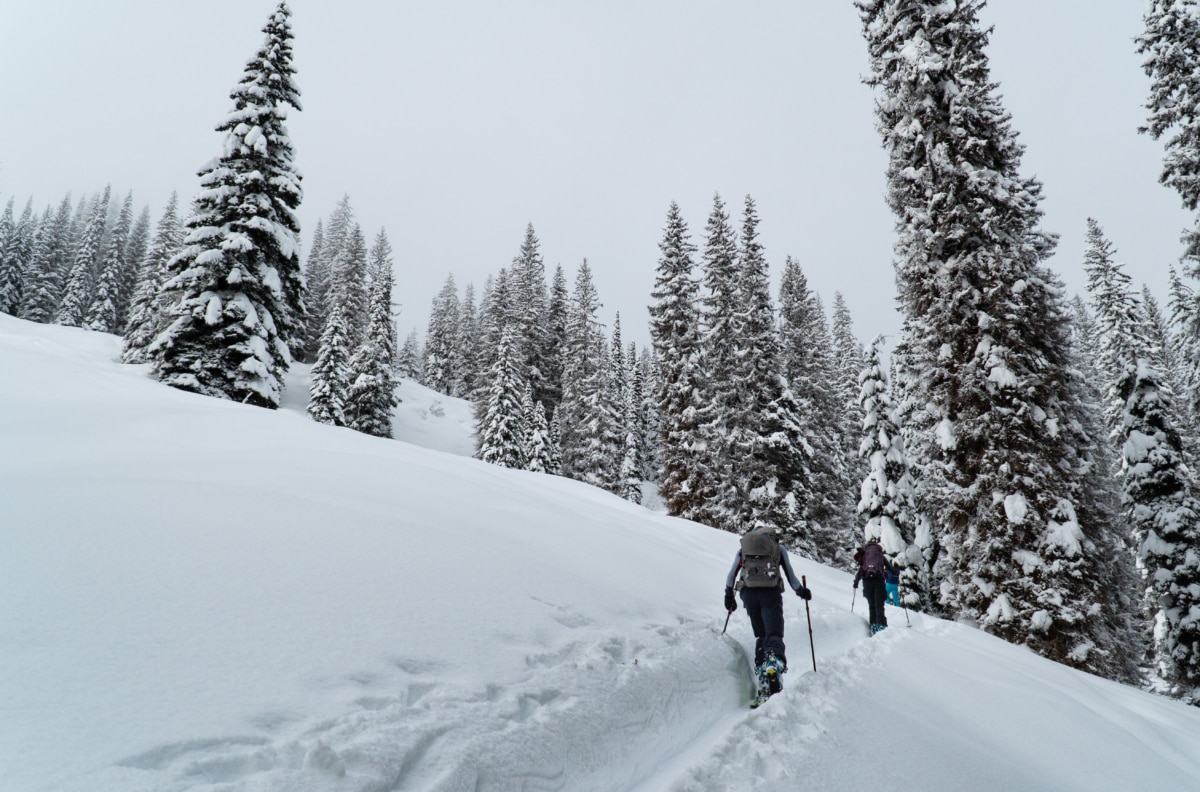 two women ski touring up christiana ridge