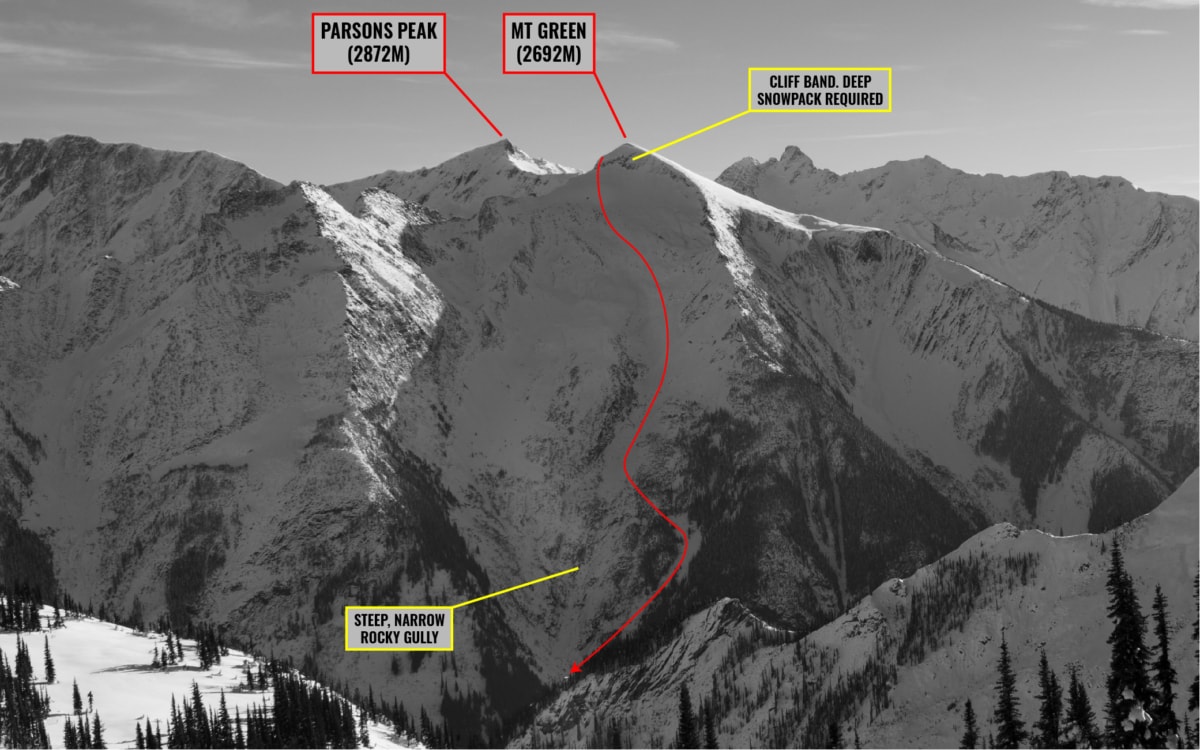 view of mt green north face and the ross peak path with route overlay