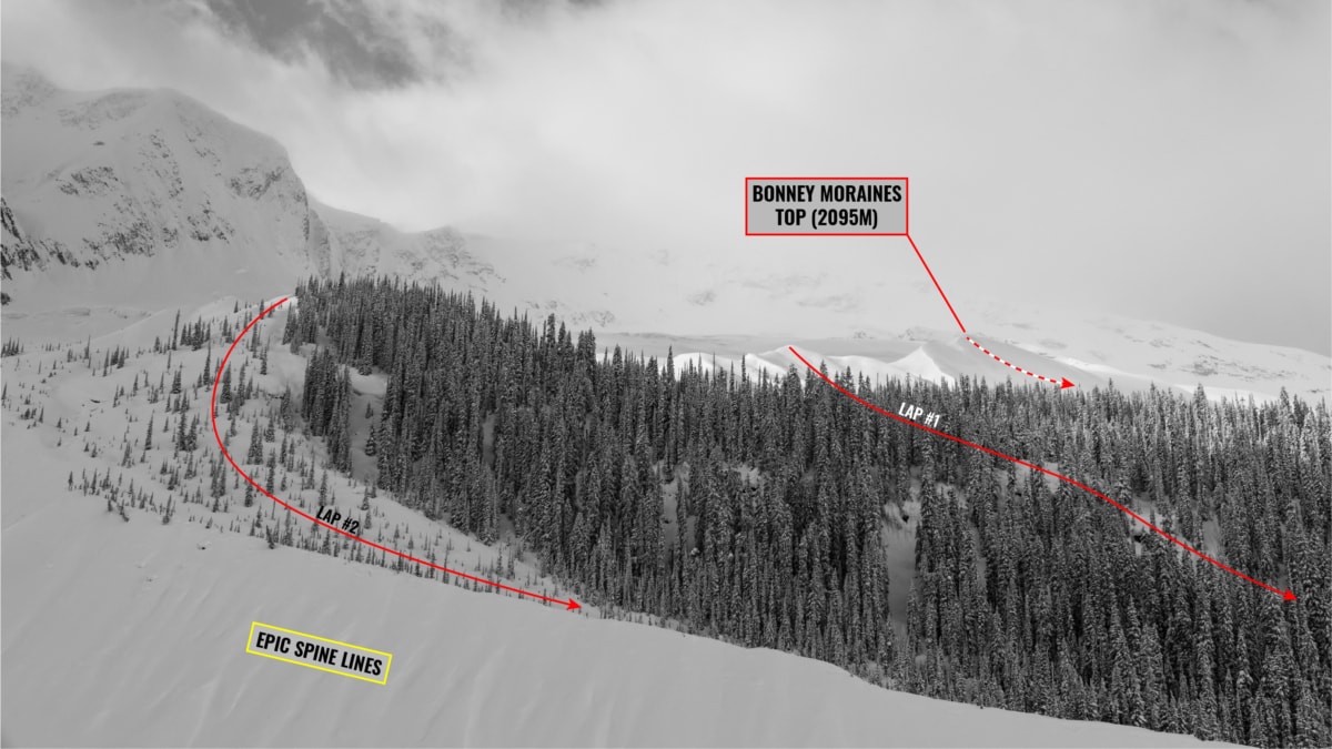 view of the bonney moraines from the east with route overlay