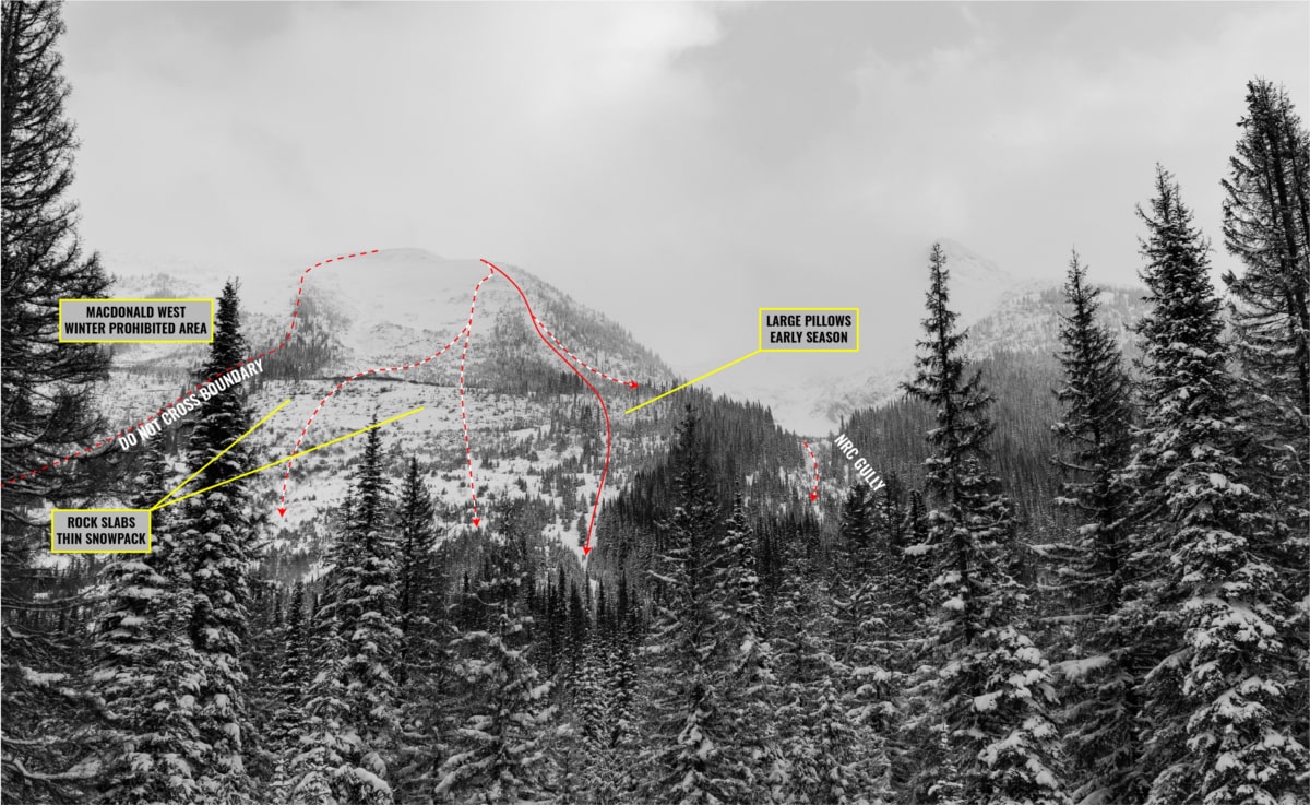 macdonald west shoulder and nrc gully descent overlay