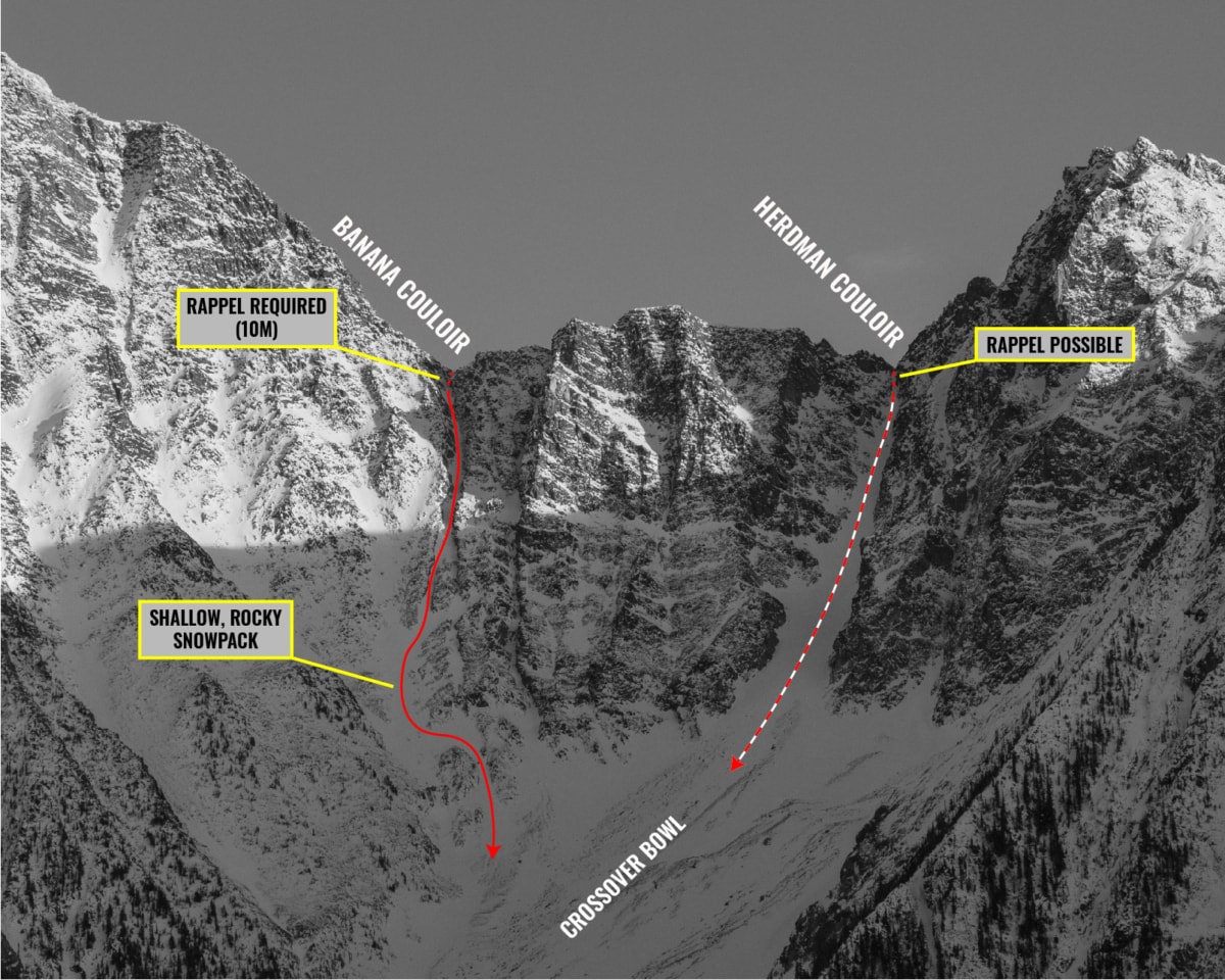 close up view of banana and herdmann couloirs on the mt macdonald SW ridge