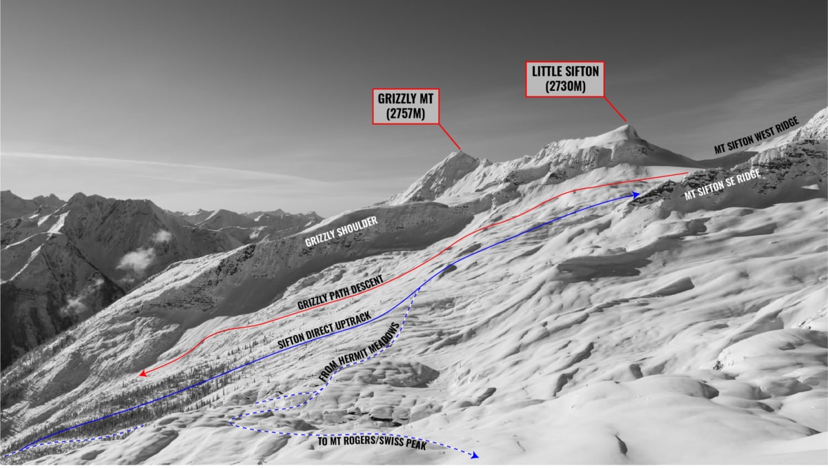 descent in grizzly path from sifton glacier with overlay