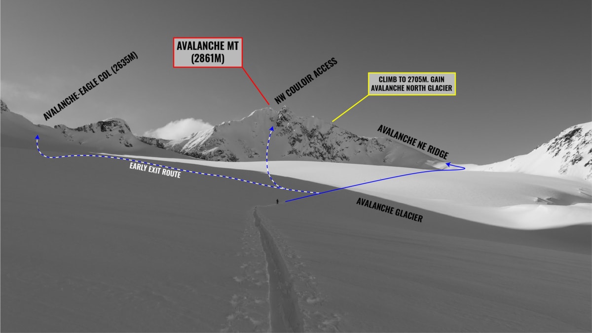 view of avalanche glacier on the sir donald to macdonald traverse