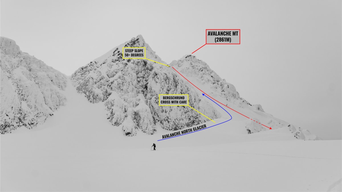 view of avalanche nw couloir from top of north glacier