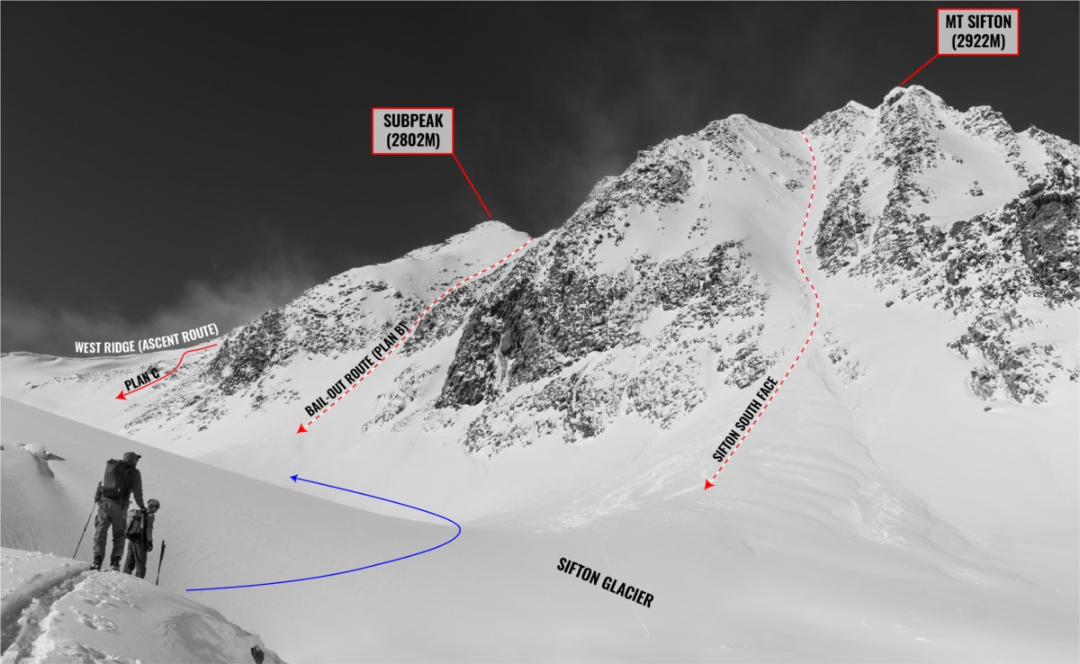 view of mt sifton south face ski descent with overlay