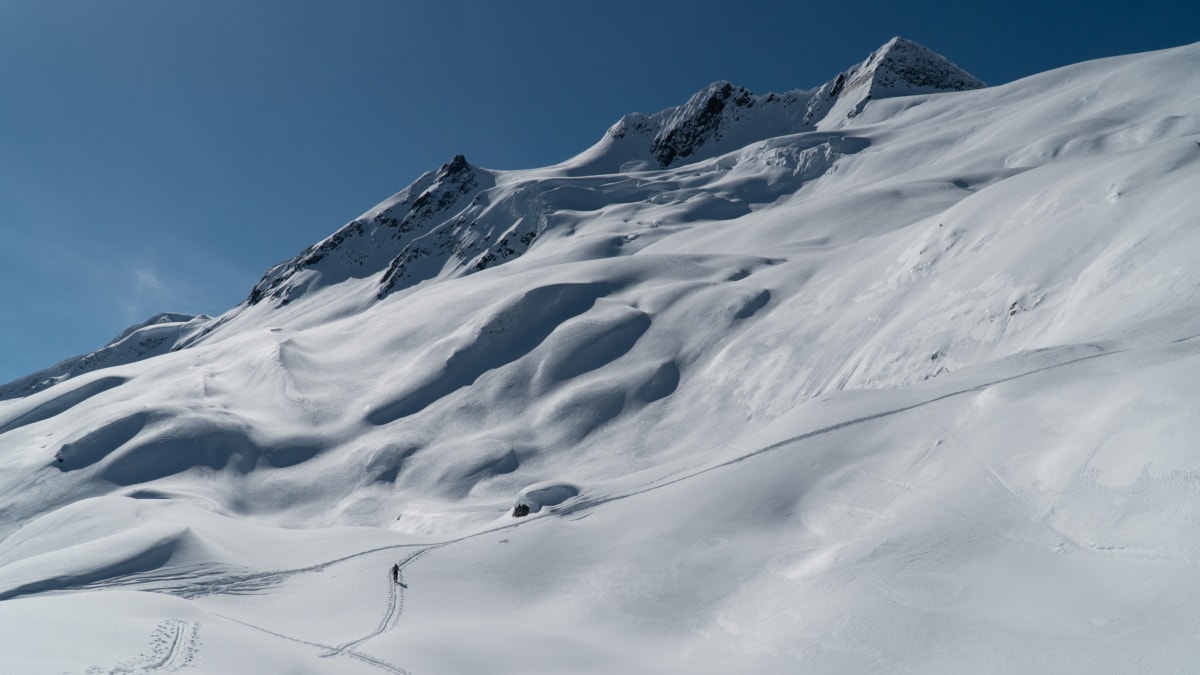 skier climbing the asulkan glacier with mt jupiter in the back