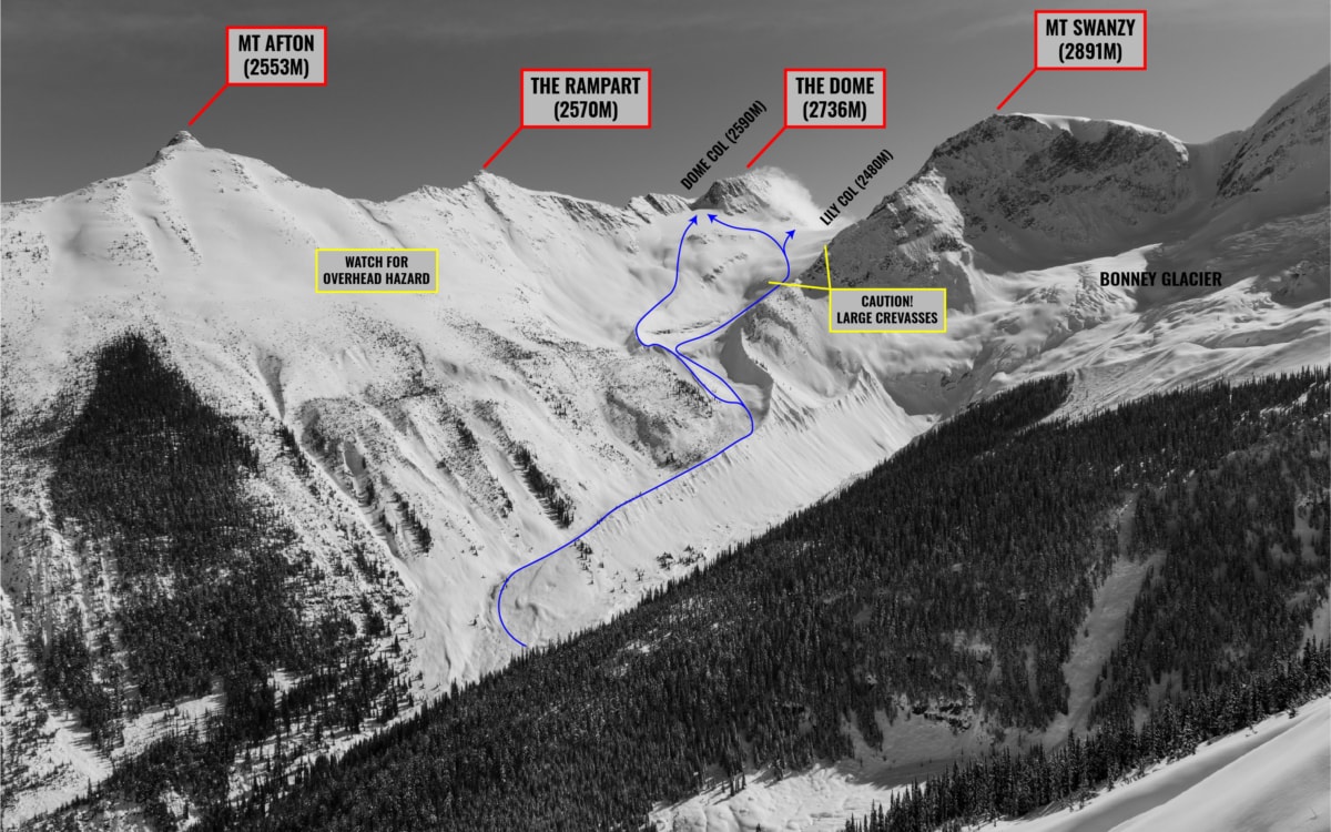 view of the lily glacier with route to dome col and sapphire col