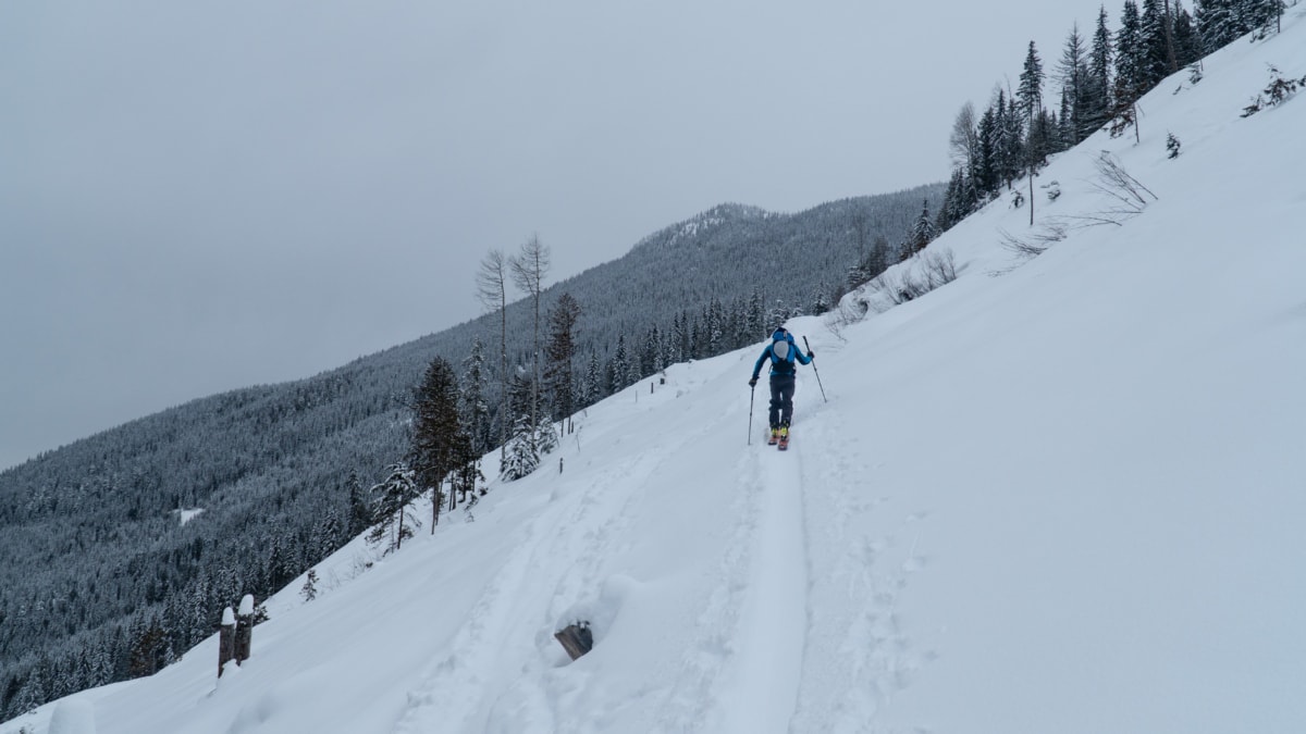 man ski touring up corbin pass