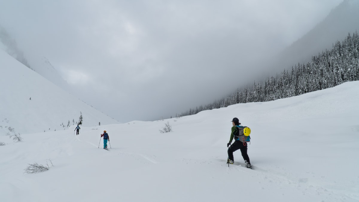 skiers crossing the grizzly slidepath in connaught drainage