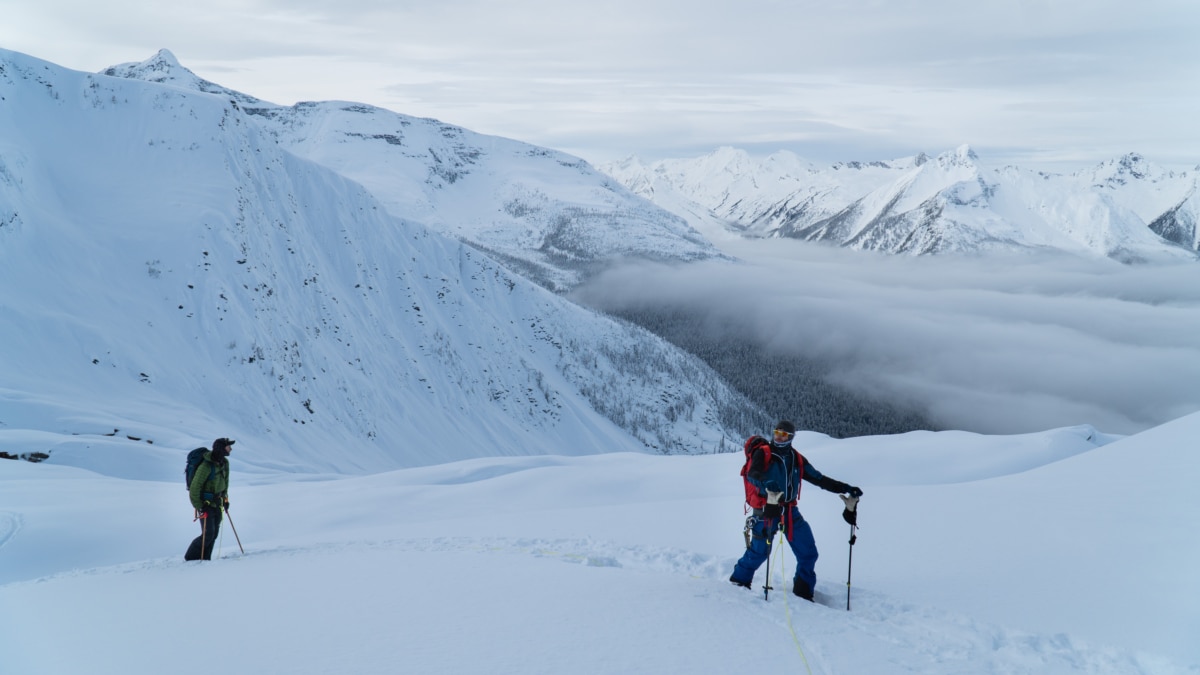 splitboarder walking along the a glacier in the winter