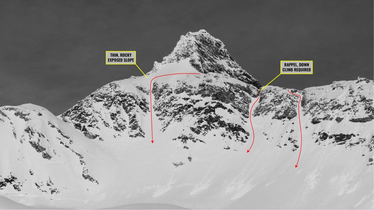 close up view of the catamount pass sneak from ursus major south bowl