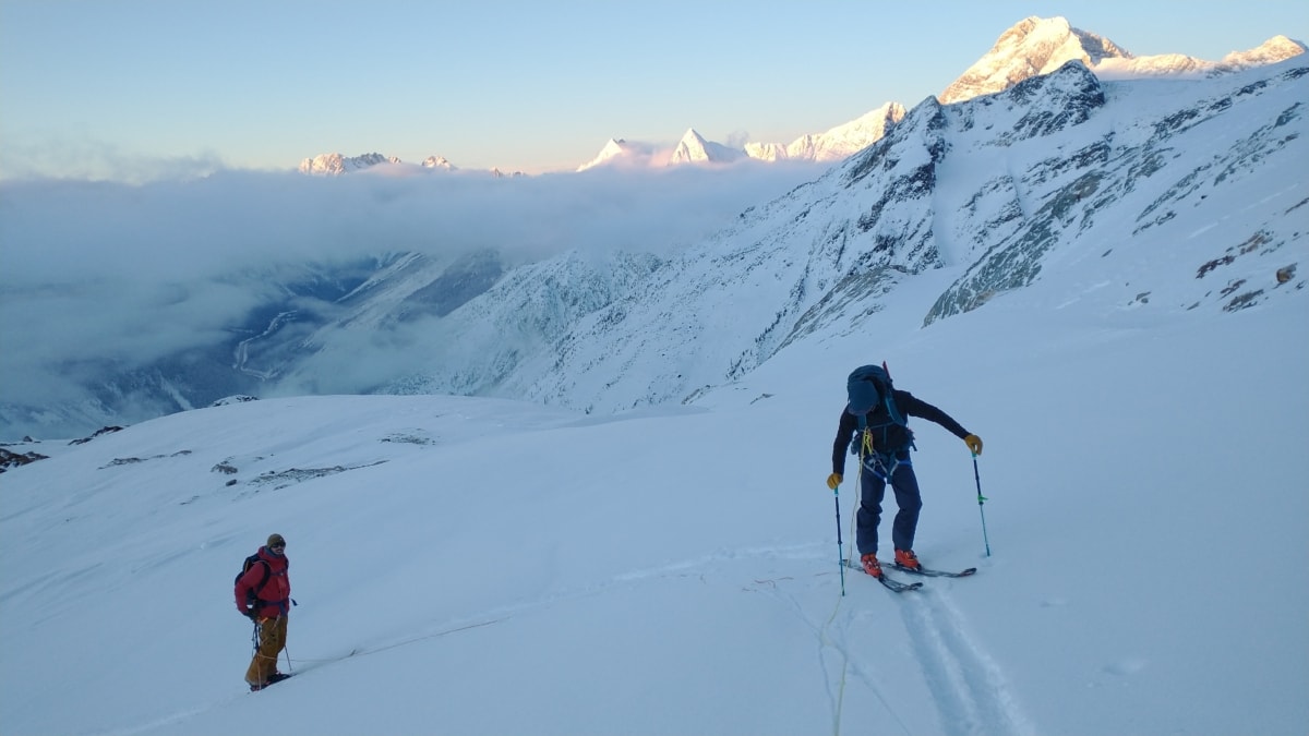 Chris followed by Renaud, practicing glacier travel on the Youngs Glacier