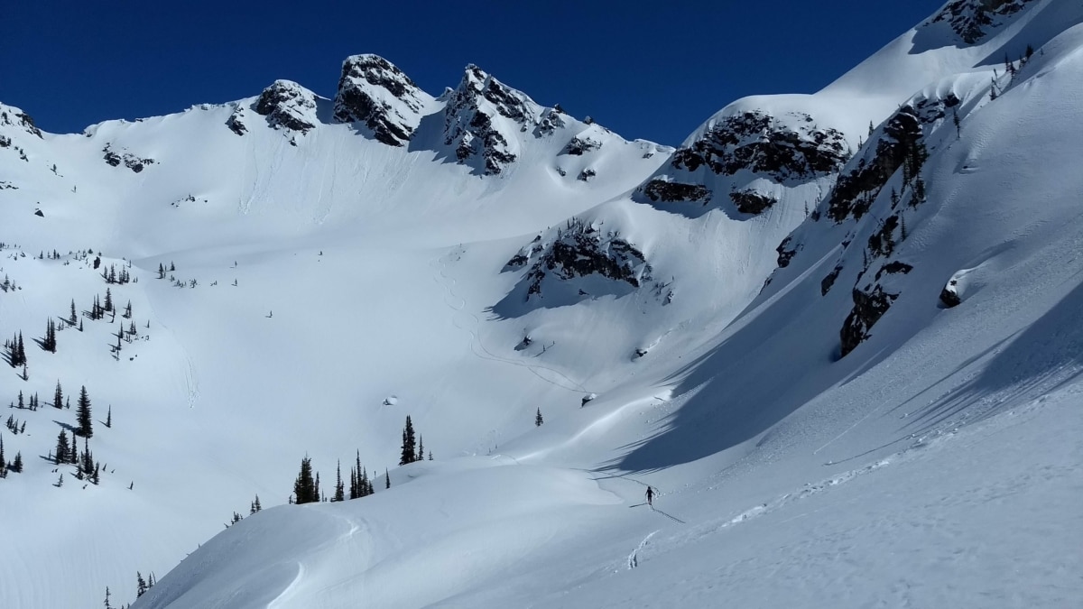 skier touring below mt williamson