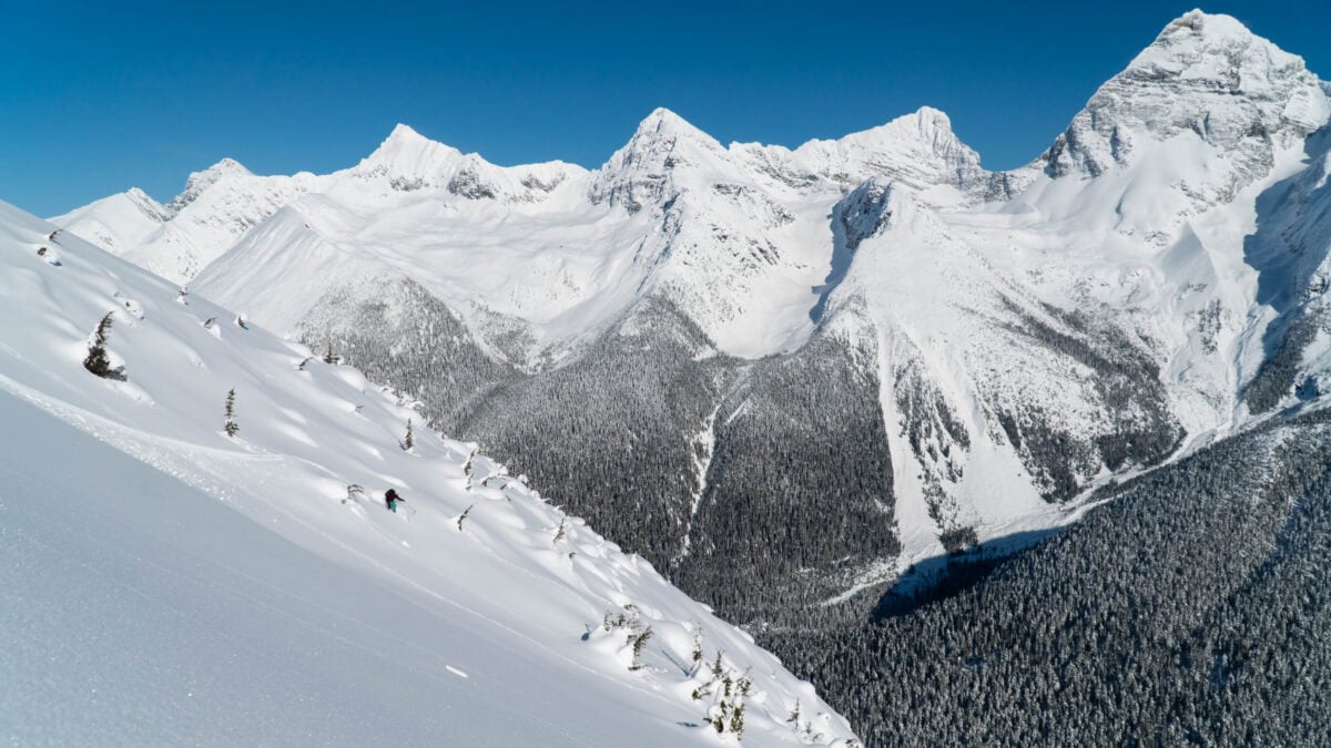 skier skiing down the mt abbott east slidepath