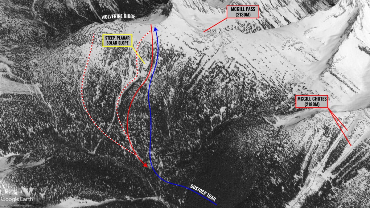 wolverine ridge route with overlay at rogers pass