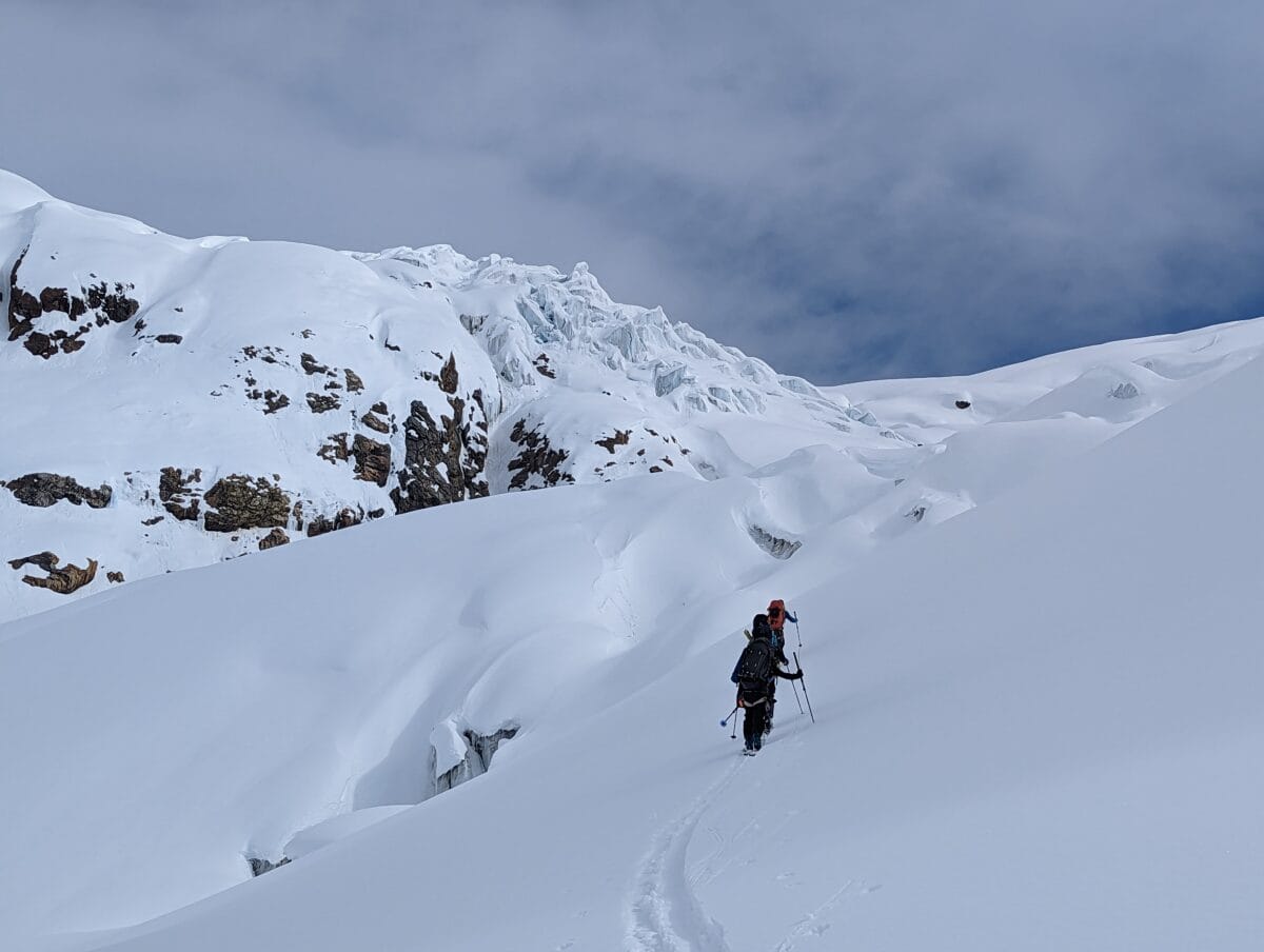 group of ski tourers travelling on the Geikie Glacier