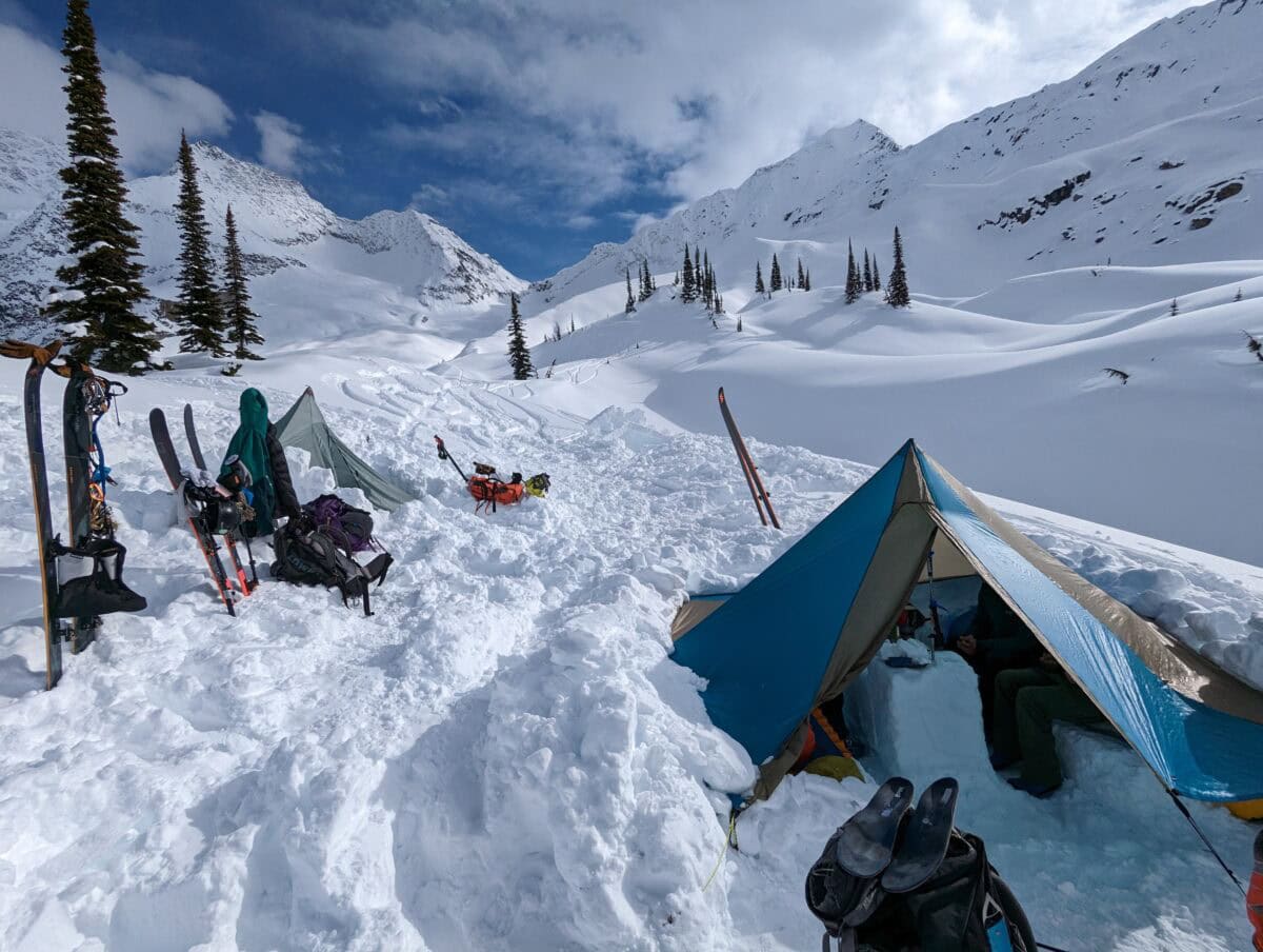 winter camping setup near the Dawson Glacier