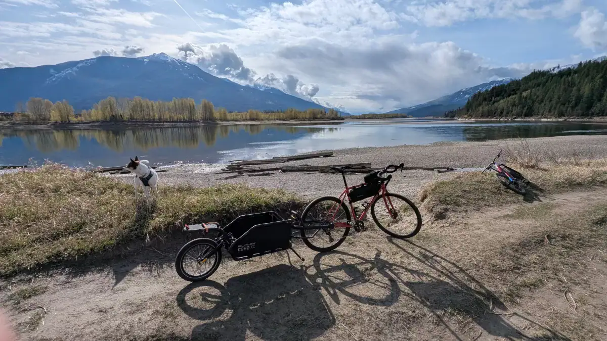 dog and bike on the banks of the columbia river near revelstoke