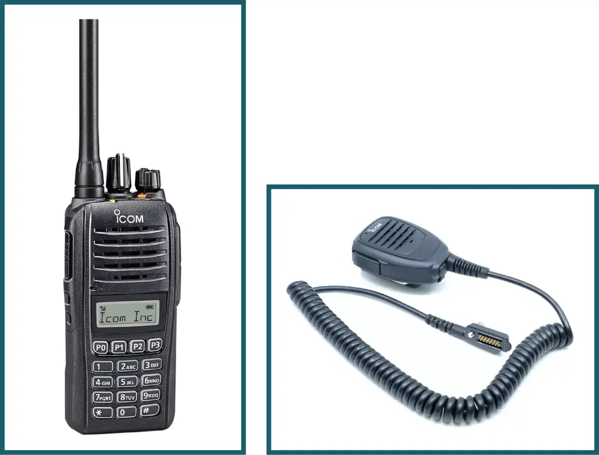 icom f 1000 handheld radio and lapel microphone, tools to communicate in the backcountry