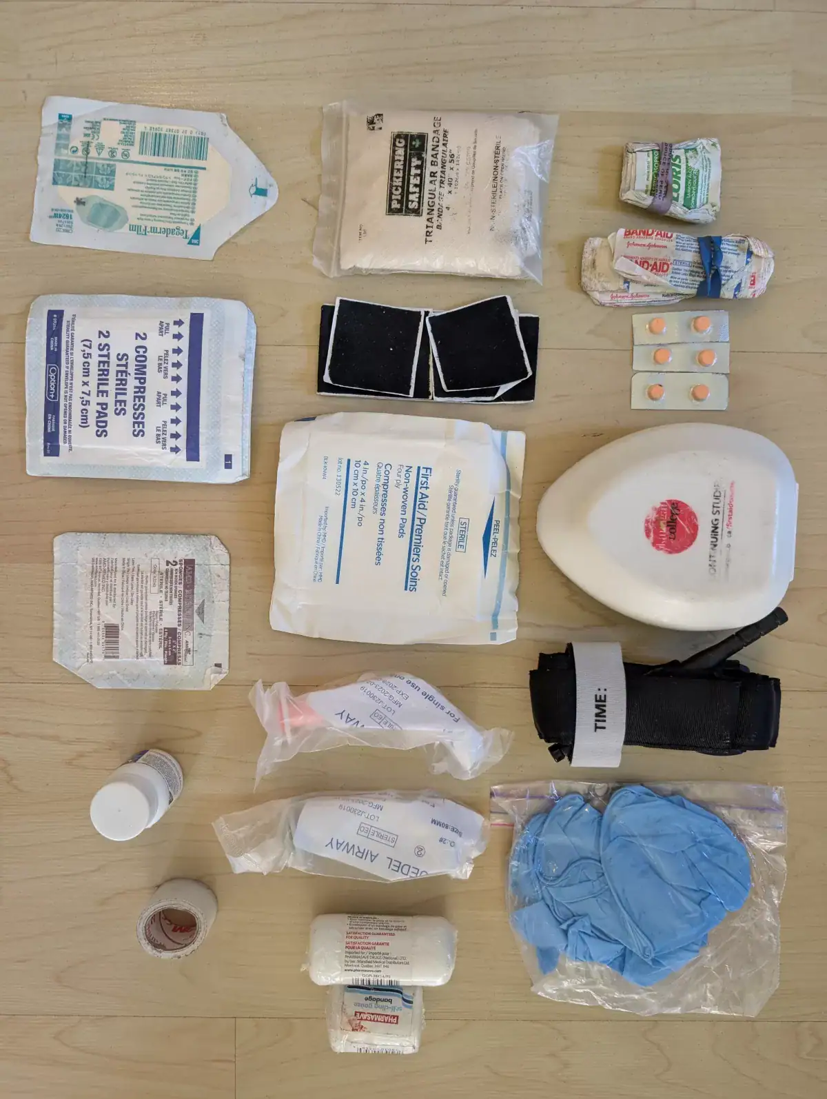 overhead view of a backcountry first aid kit
