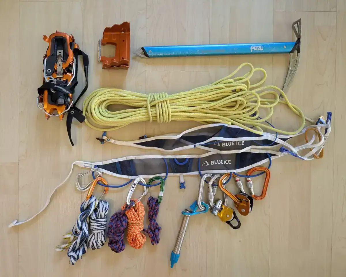 overhead view of the ski mountaineering gear