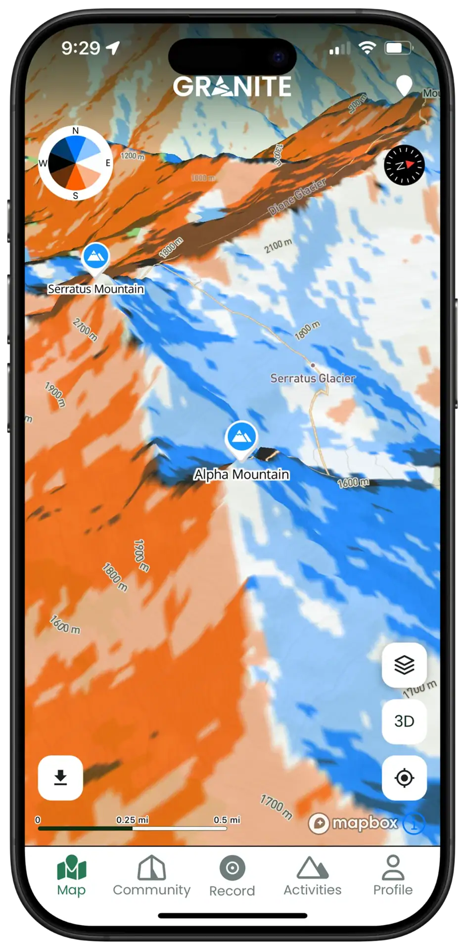 The slope aspect layer overlaid on 3D satellite imagery