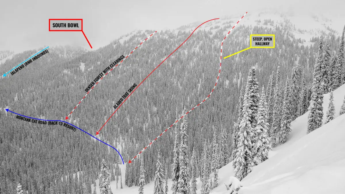 montana trees and south bowl with overlay, rmr slackcountry