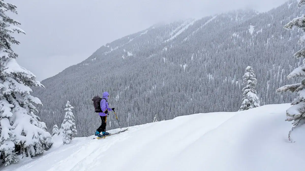 skier looking at snowy mountain slopes