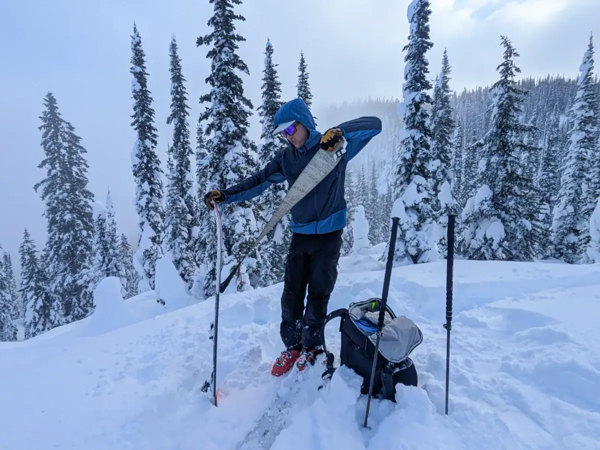 backcountry skier removing climbing skins on fuzzy knob