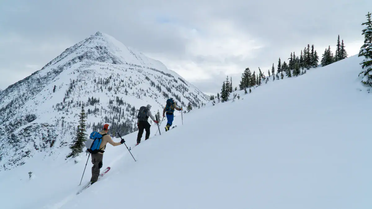 group of skiers heading up balu pass