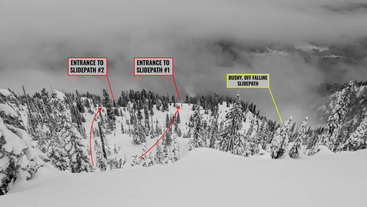 top down view of the burnt knob slidepaths from the summit
