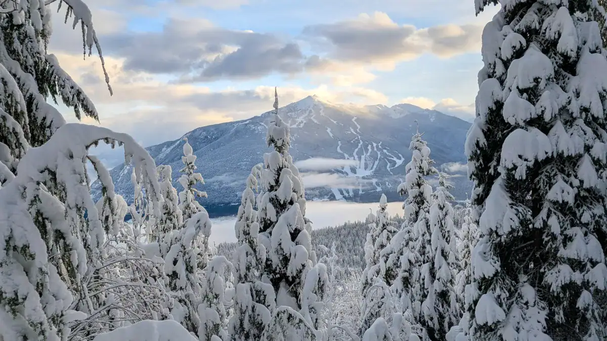 view of revelstoke mountain resort from across the columbia river